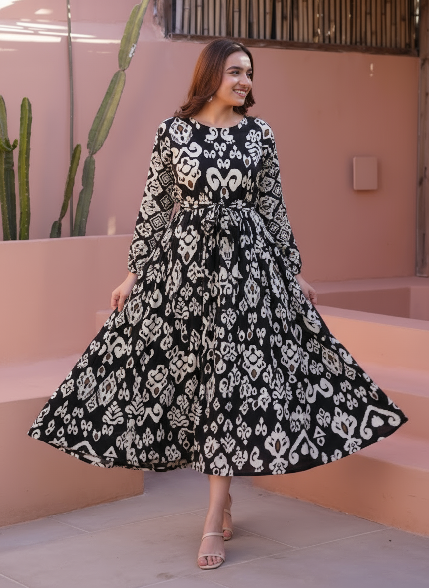 Viscose Floral Angrakha Black Dress