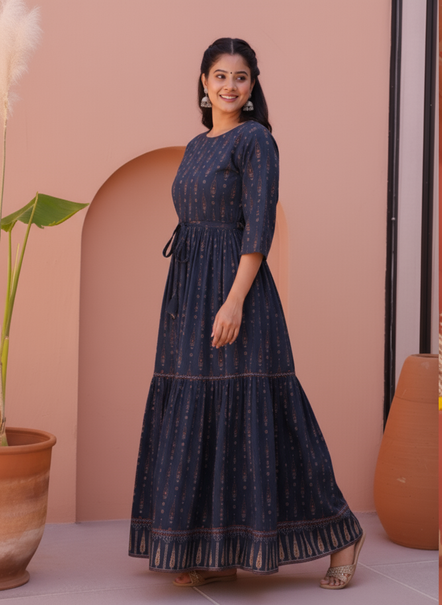 Viscose Floral Anarkali Navy Blue Dress