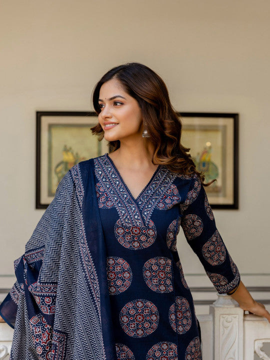 Anouk Women Floral Printed Regular Mirror Work Kurta with Palazzos & With Dupatta