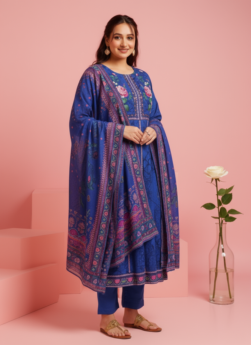 Embroidered Roman silk Flared Kurta