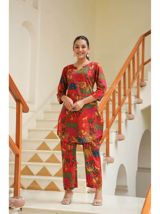 Women Red Abstract Printed Cotton Round Neck Tunic with Trousers (Set of 2)