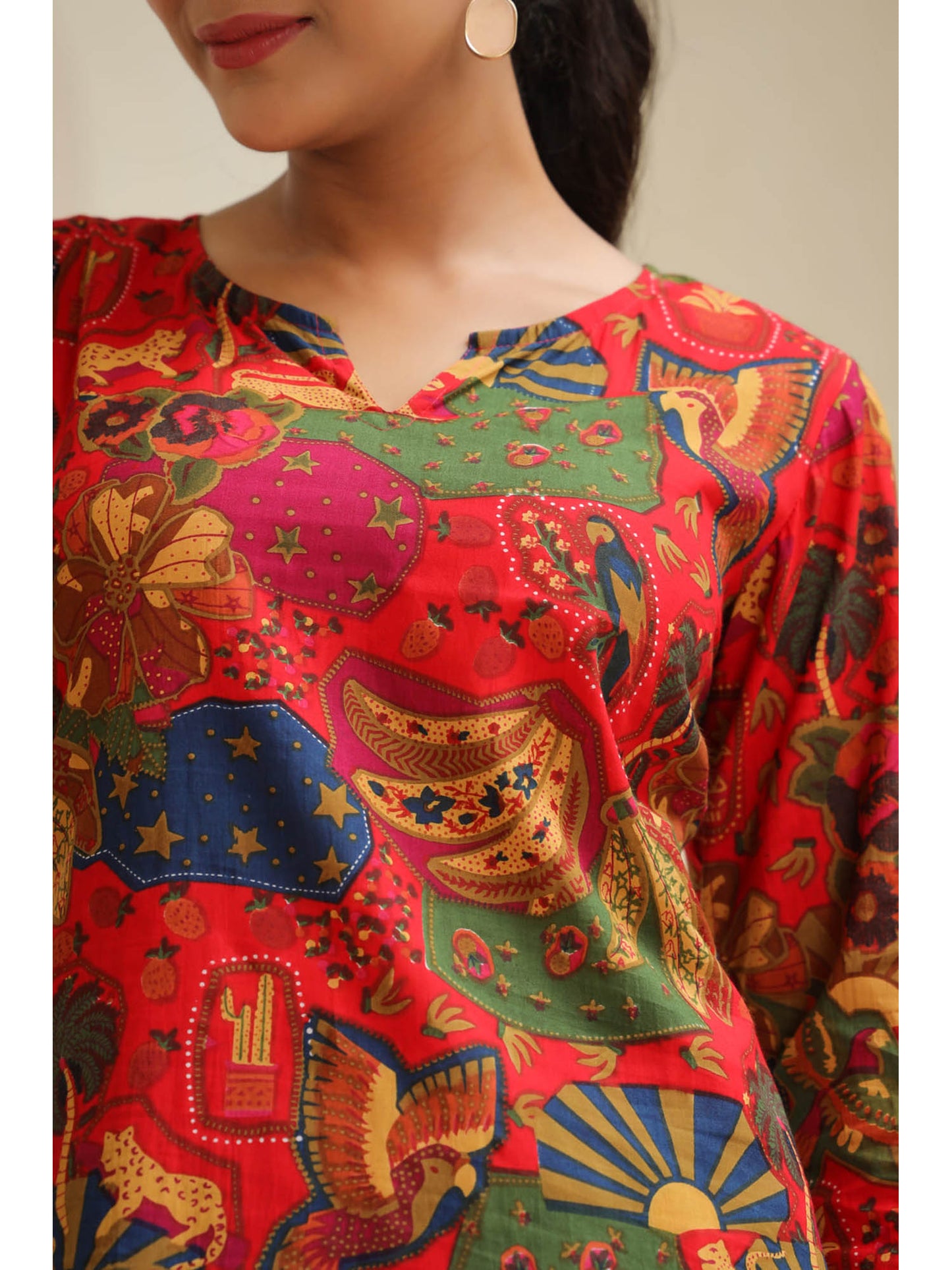 Women Red Abstract Printed Cotton Round Neck Tunic with Trousers (Set of 2)