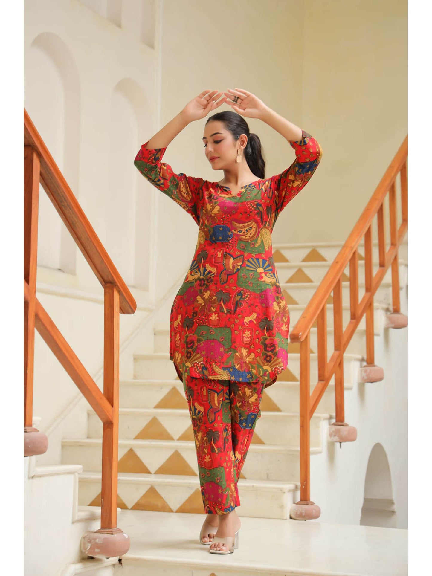 Women Red Abstract Printed Cotton Round Neck Tunic with Trousers (Set of 2)