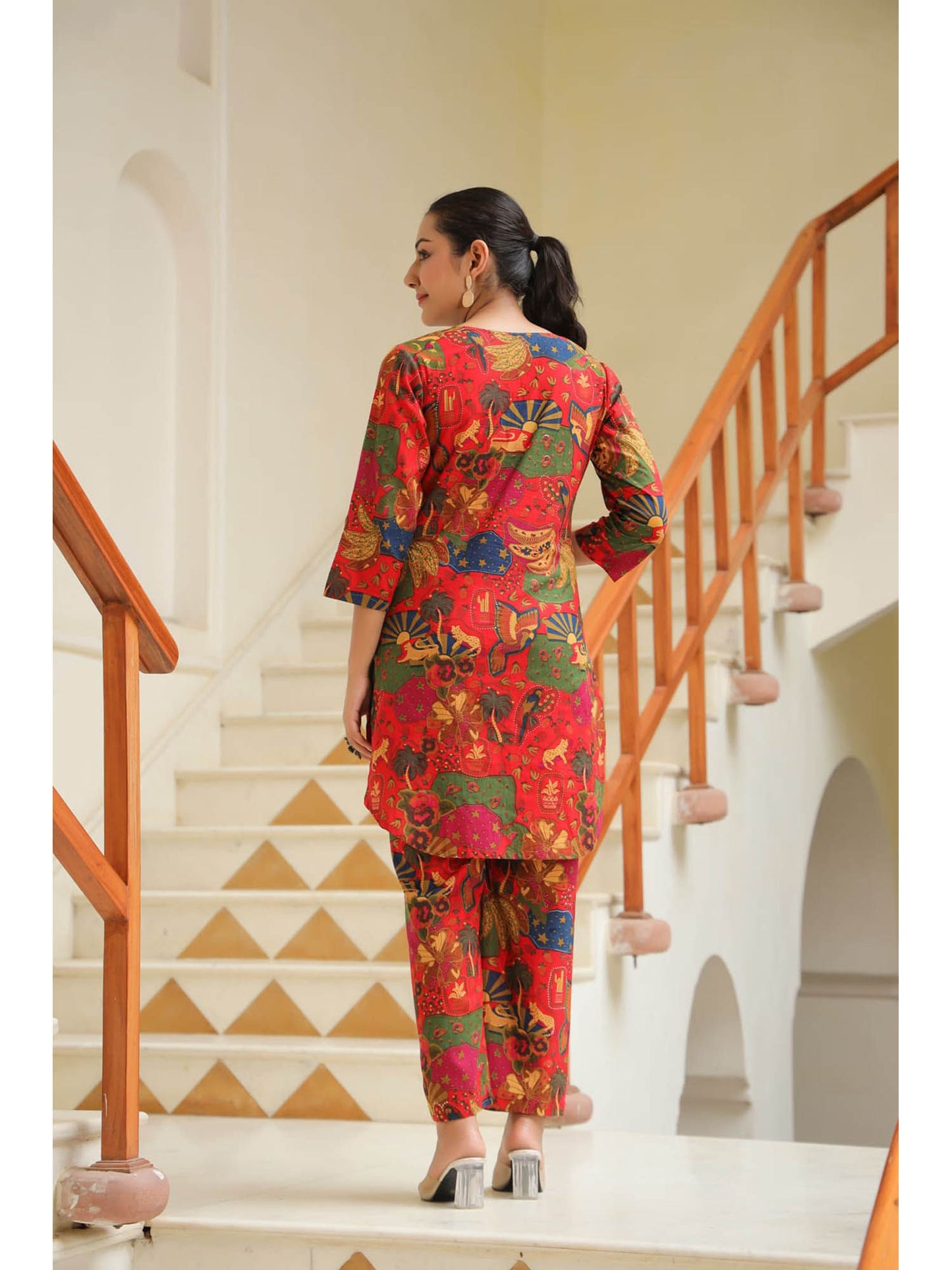 Women Red Abstract Printed Cotton Round Neck Tunic with Trousers (Set of 2)
