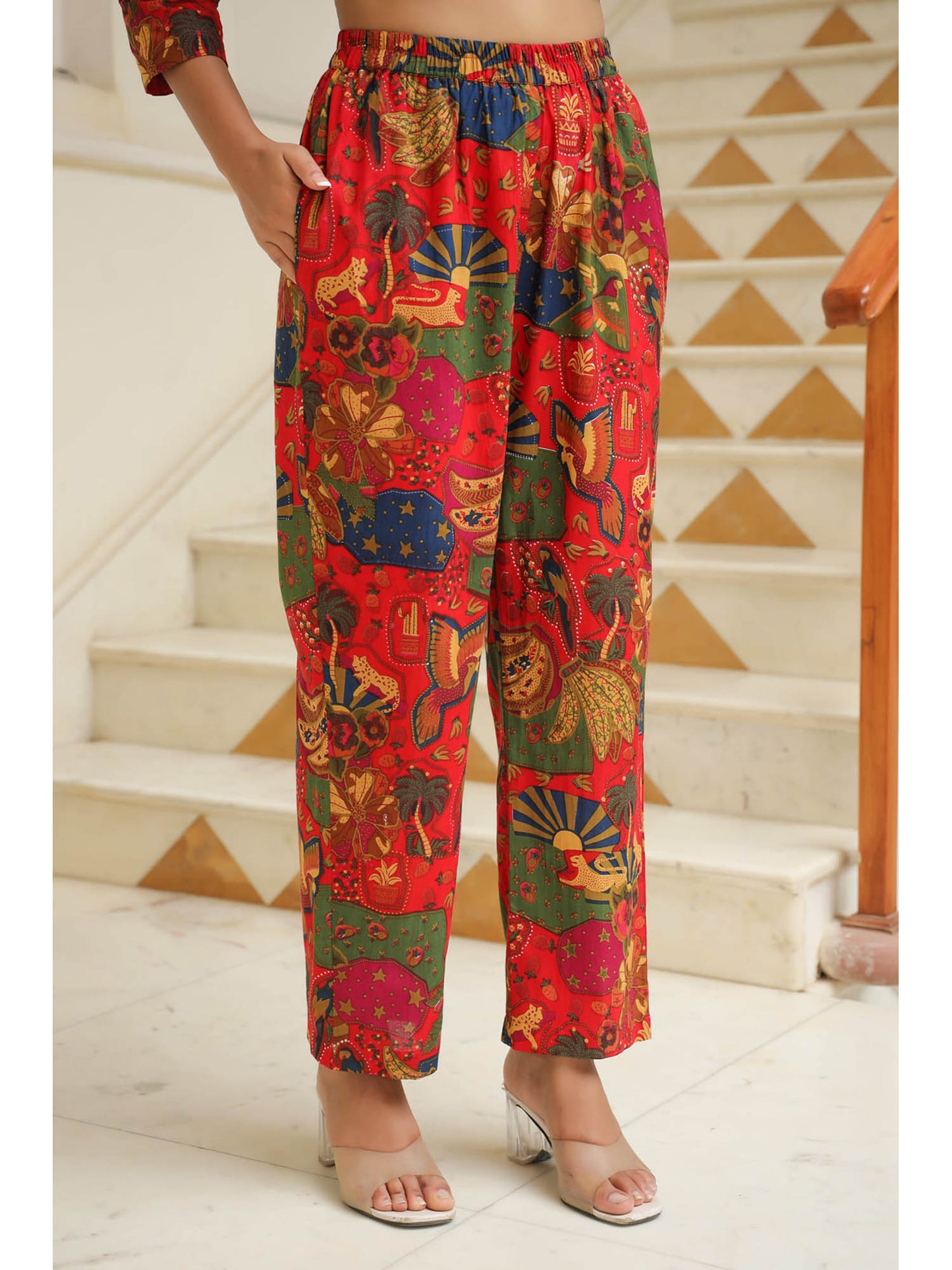 Women Red Abstract Printed Cotton Round Neck Tunic with Trousers (Set of 2)