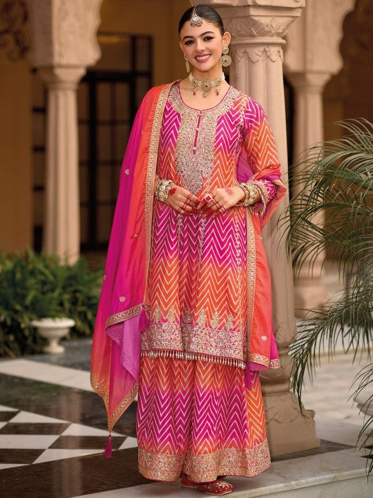 Indo Era Chevron Printed Sequinned Round Neck A-Line Kurta With Palazzos & Dupatta
