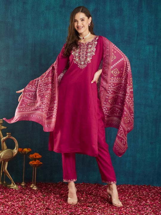 Floral Yoke Design Beads and Stones Pure Silk Kurta