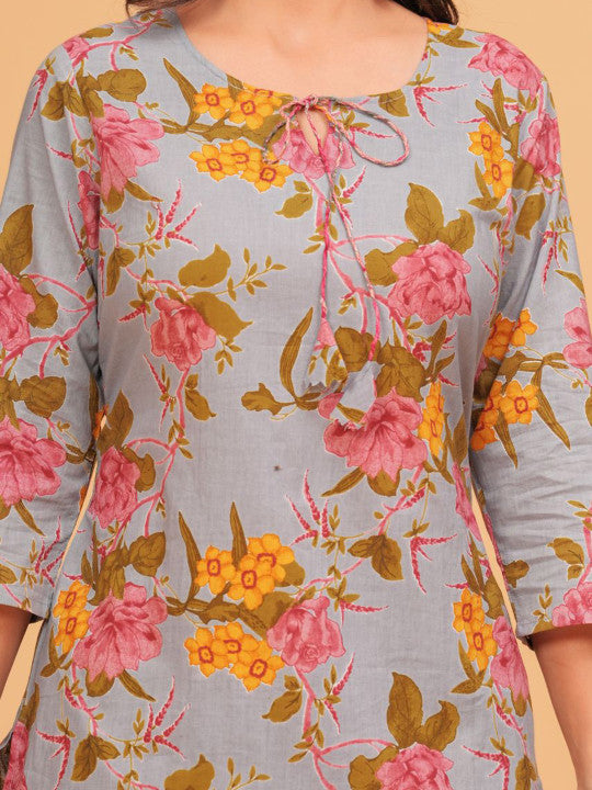 TANISHA Floral Printed Tie-Up Neck Three-Quarter Sleeves Regular Kurta & Trouser & Dupatta