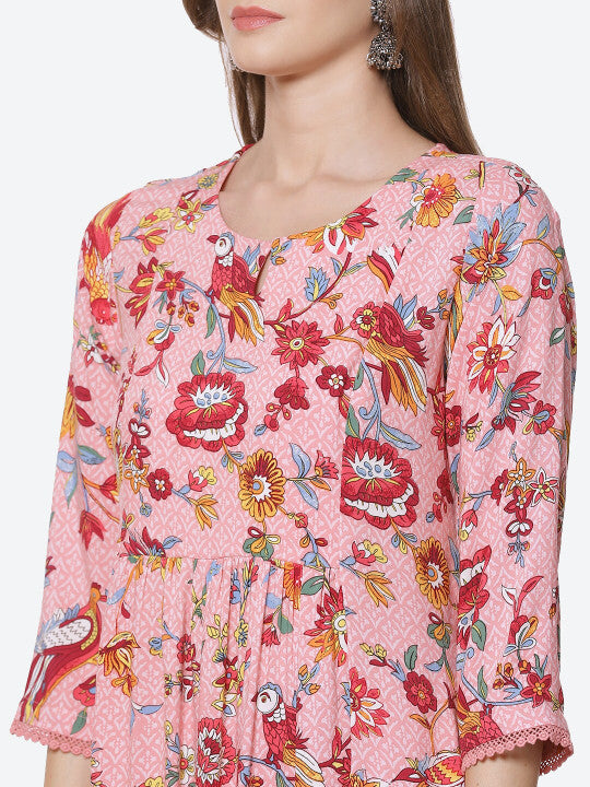 Biba Women Pink Floral Printed High Slit Kurta with Trousers & With Dupatta