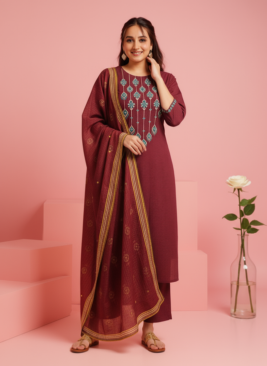 Embroidered Viscose Checked Straight Maroon Kurta