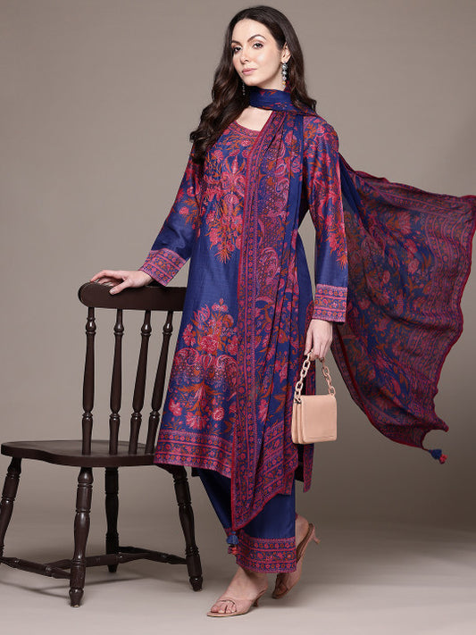 Floral Printed Thread Work Kurta with Trousers & With Dupatta