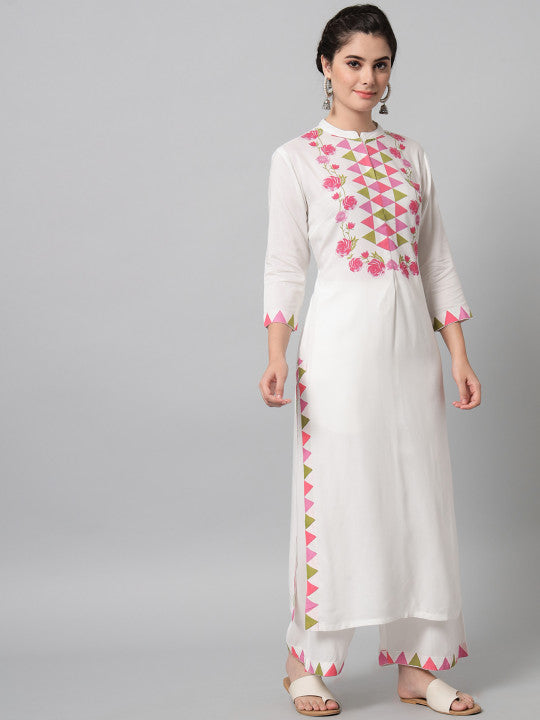 Tulsattva Women White Floral Printed Kurta with Palazzos & With Dupatta