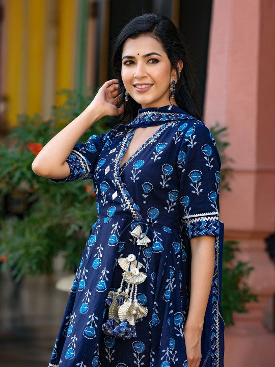 GILLORI Printed Mirror Work Gotta Patti Angrakha Pure Cotton Kurta with Sharara & Dupatta