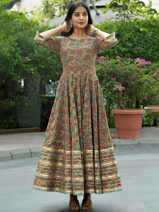 Indian Virasat Floral Printed Pure Cotton Fit & Flared Maxi Ethnic Dress