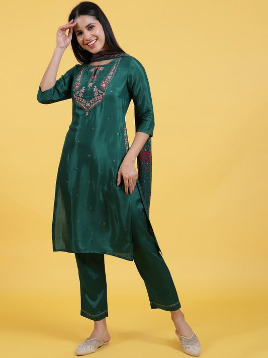 W Women Embroidered Kurta with Trousers & With Dupatta