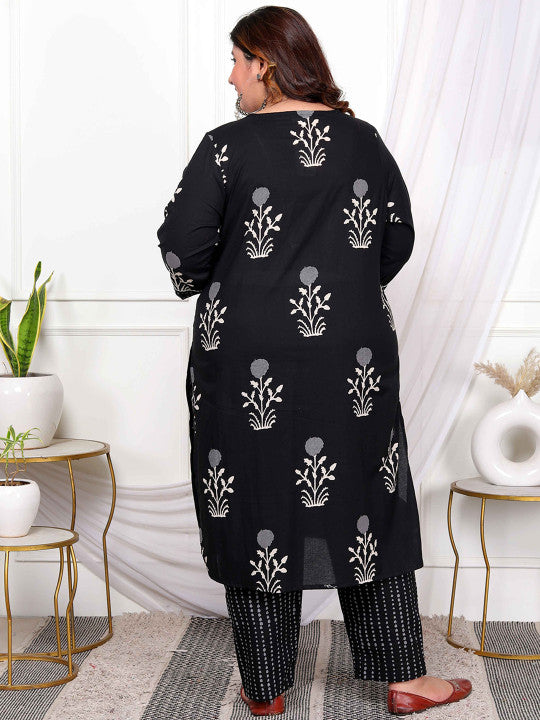 Floral Printed Pure Cotton Straight Kurta With Trouser And Dupatta