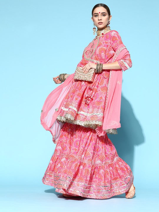 Ishin Floral Printed Pure Cotton Short Kurti with Sharara