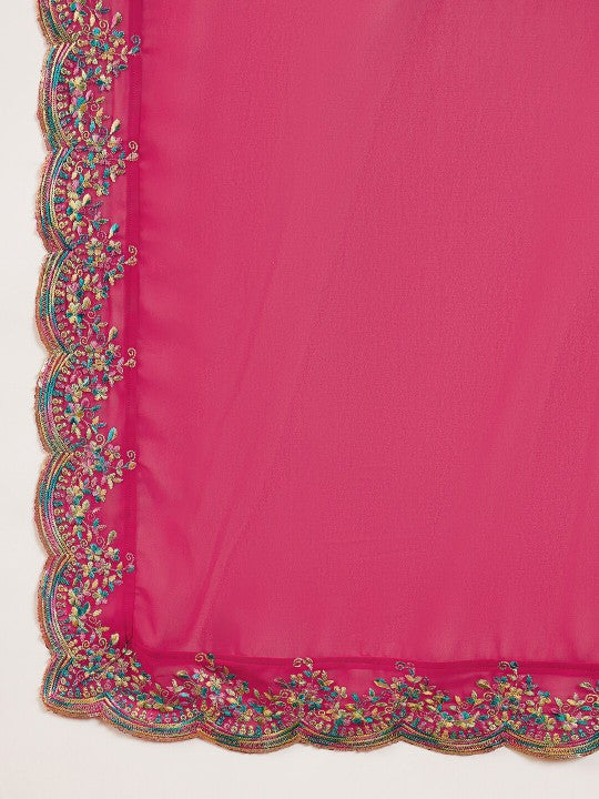 Inddus Pink & Gold Toned Yoke Design Embroidered Straight Kurta