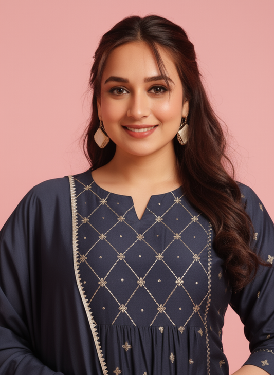 Embroidered Silk Blend Gold foil Flared Blue Kurta