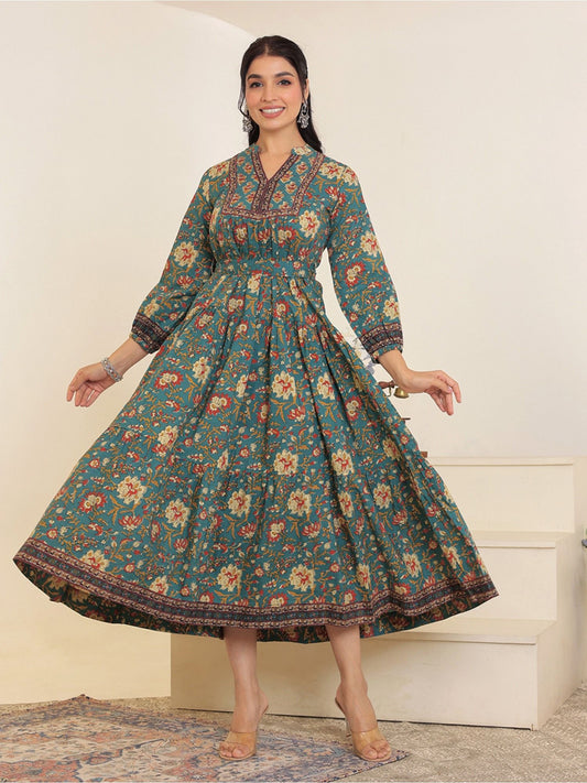 Floral Printed Bishop Sleeves Ethnic A-Line Midi Dress Green