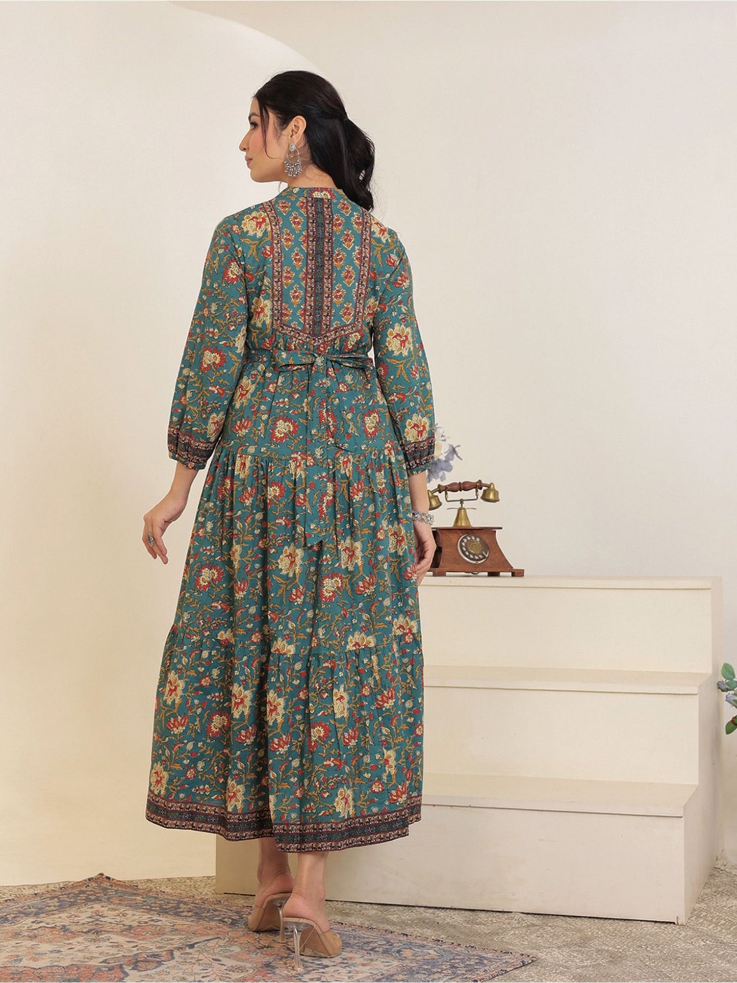 Floral Printed Bishop Sleeves Ethnic A-Line Midi Dress Green