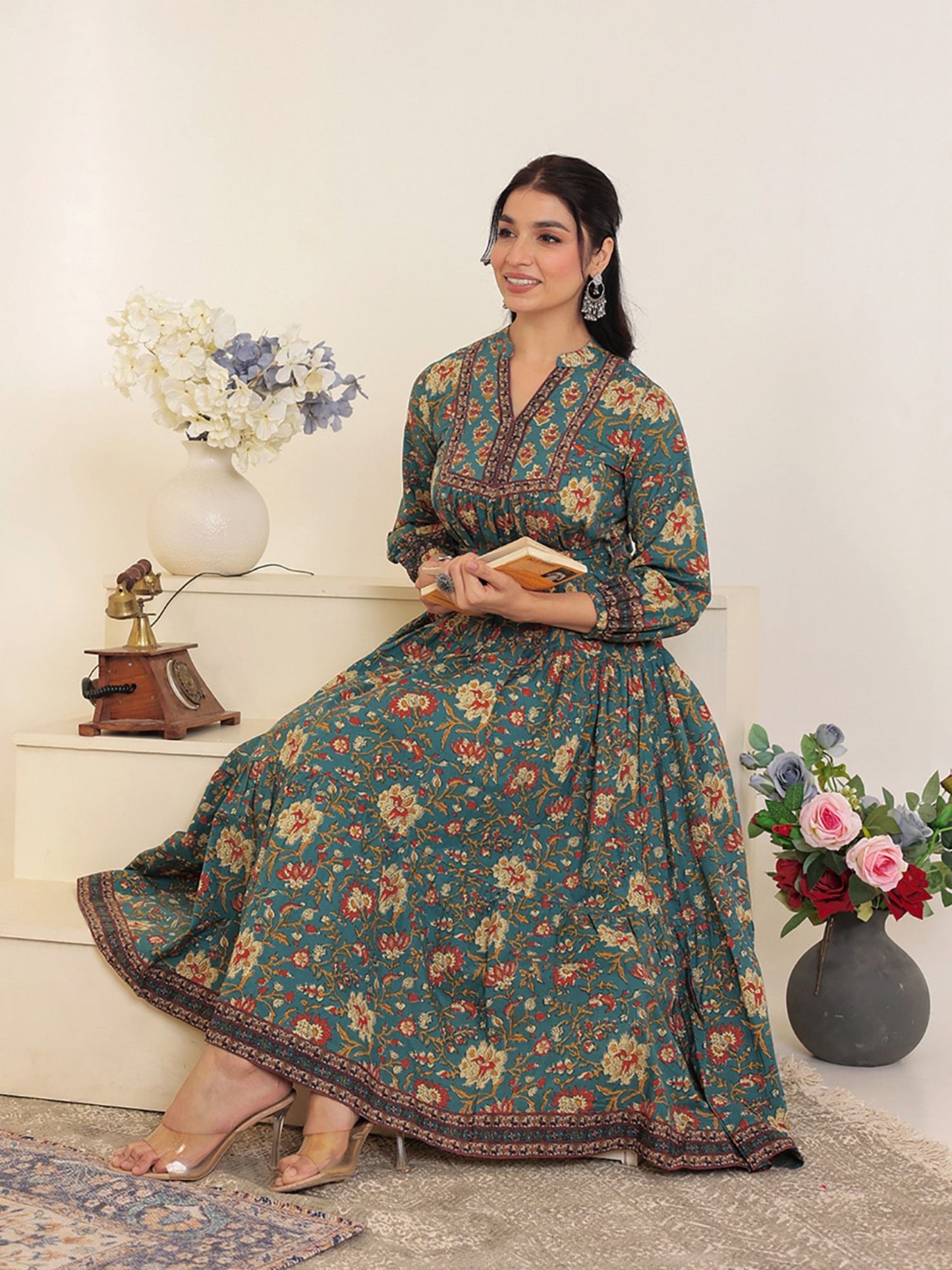Floral Printed Bishop Sleeves Ethnic A-Line Midi Dress Green