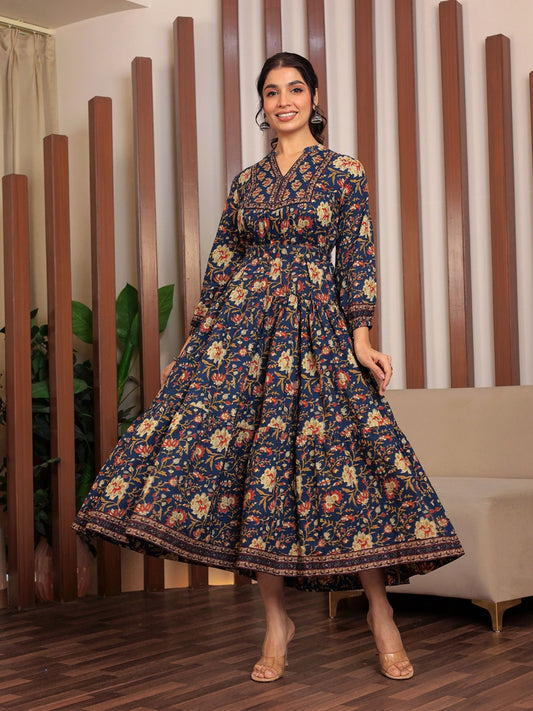 Floral Printed Bishop Sleeves Ethnic A-Line Midi Dress Blue