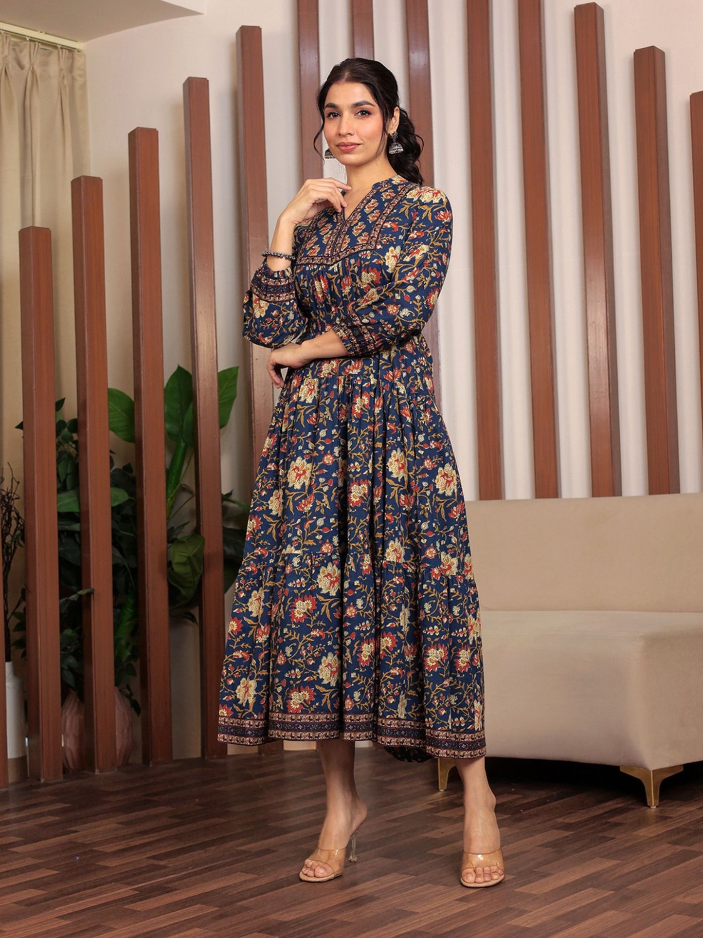 Floral Printed Bishop Sleeves Ethnic A-Line Midi Dress Blue