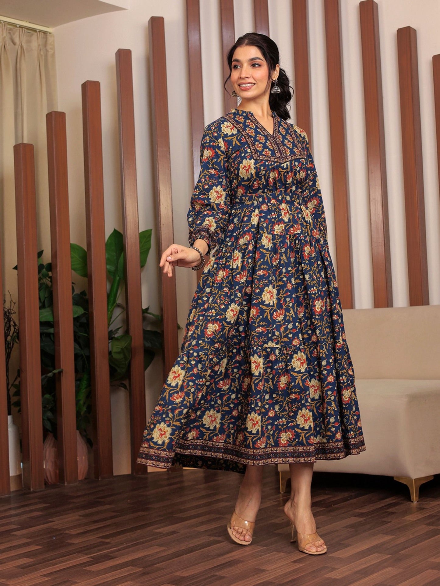 Floral Printed Bishop Sleeves Ethnic A-Line Midi Dress Blue