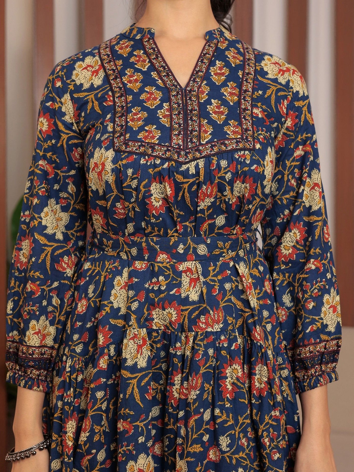 Floral Printed Bishop Sleeves Ethnic A-Line Midi Dress Blue