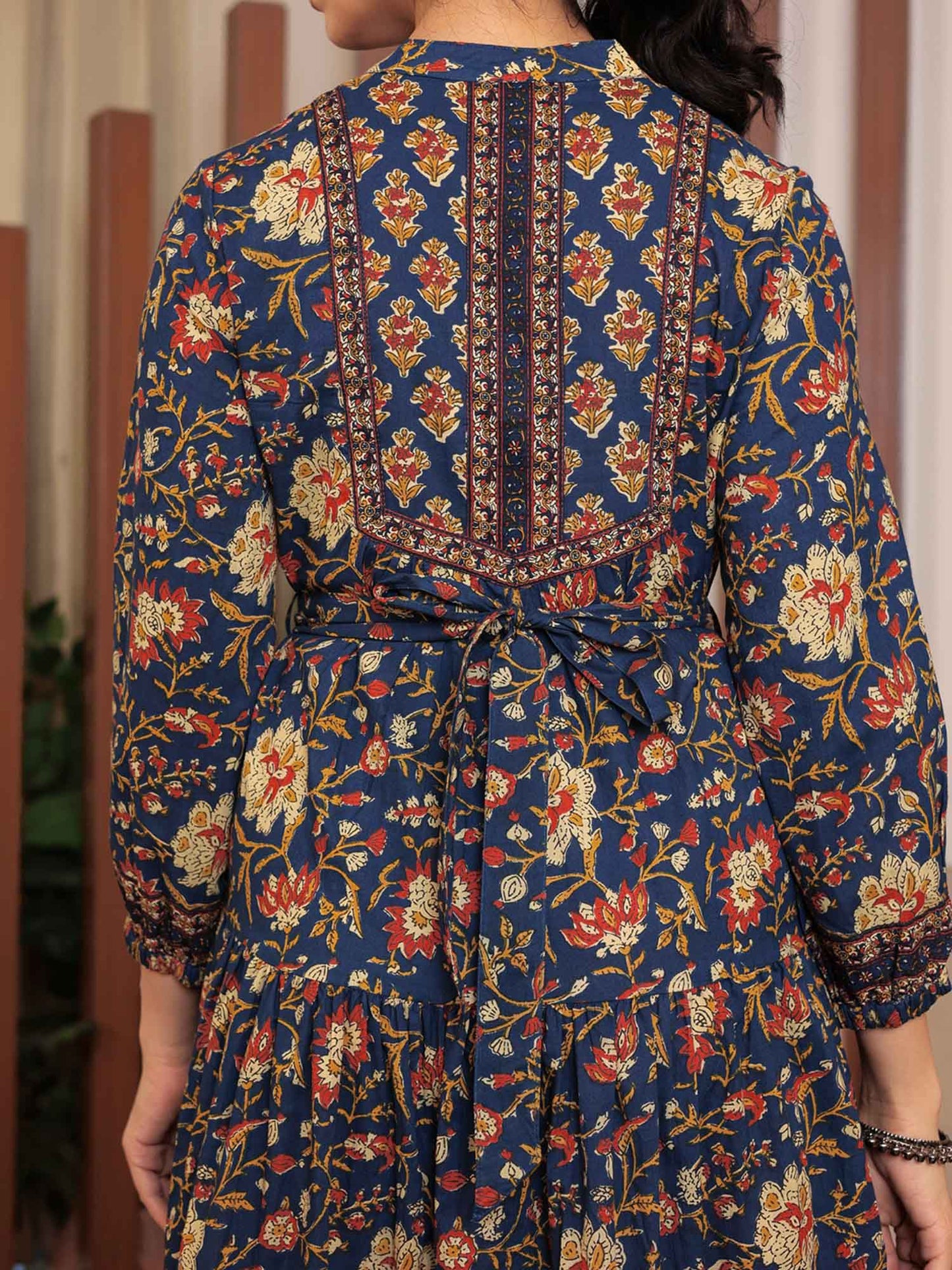 Floral Printed Bishop Sleeves Ethnic A-Line Midi Dress Blue