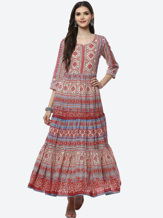 Biba Cream-Coloured & Red Ethnic Motifs Maxi Dress