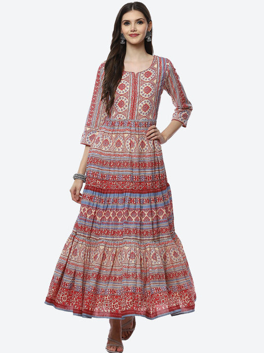 Biba Cream-Coloured & Red Ethnic Motifs Maxi Dress