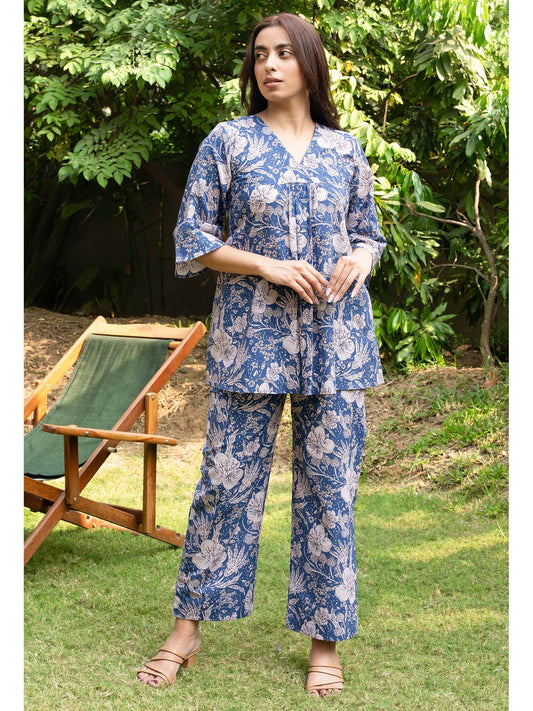 Women Blue Pure Cotton Floral Co-Ord (Set of 2)