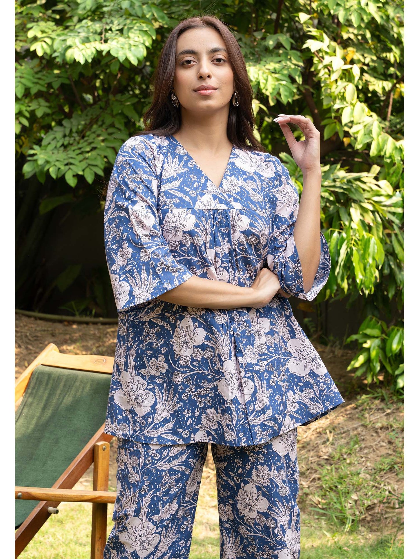 Women Blue Pure Cotton Floral Co-Ord (Set of 2)