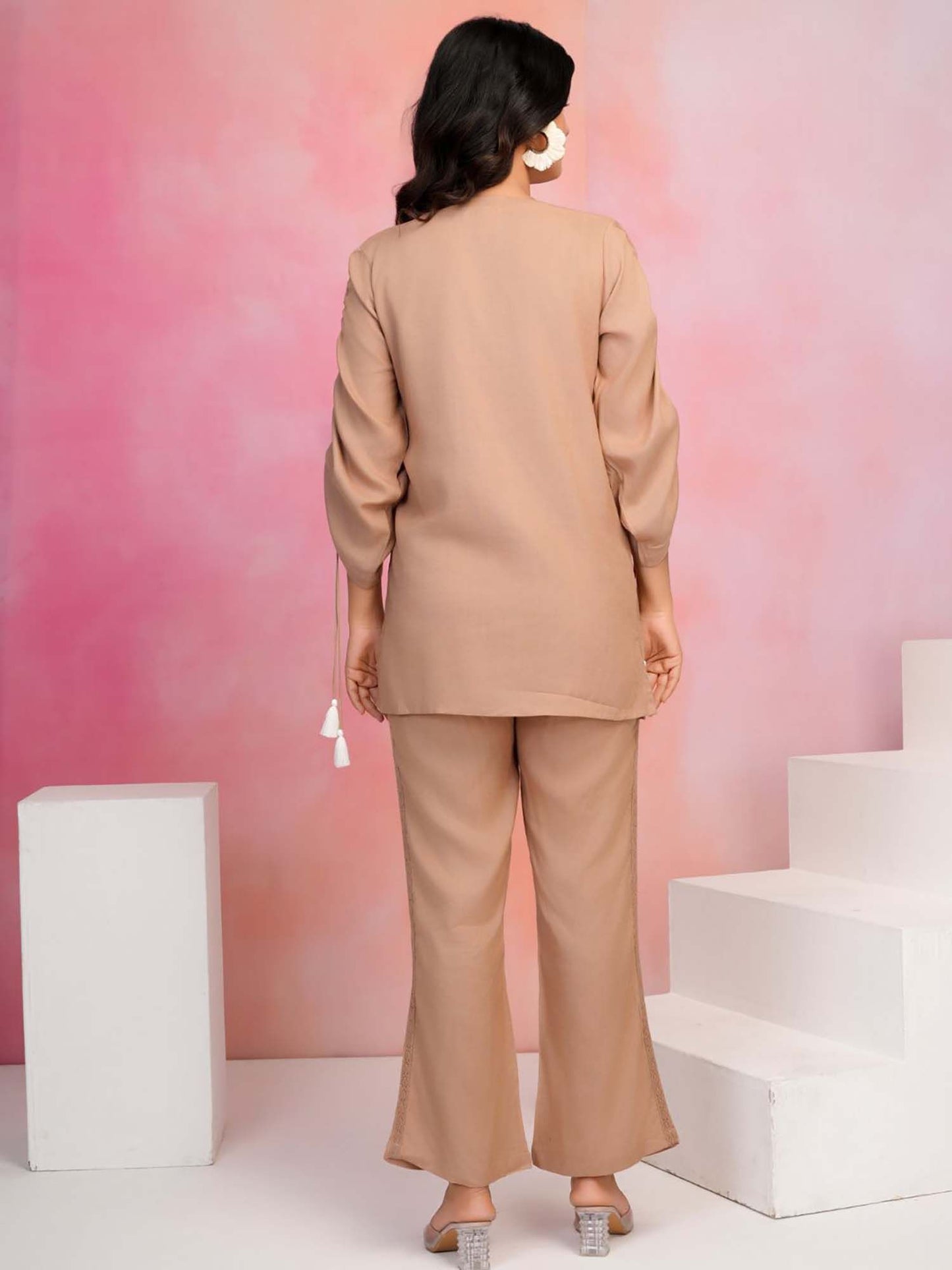 Women Beige Viscose Rayon Embroidered Co-Ord (Set of 2)