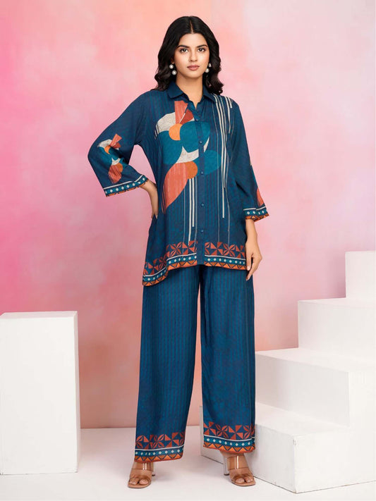 Women Navy Blue Cotton Blend Printed Co-Ord (Set of 2)