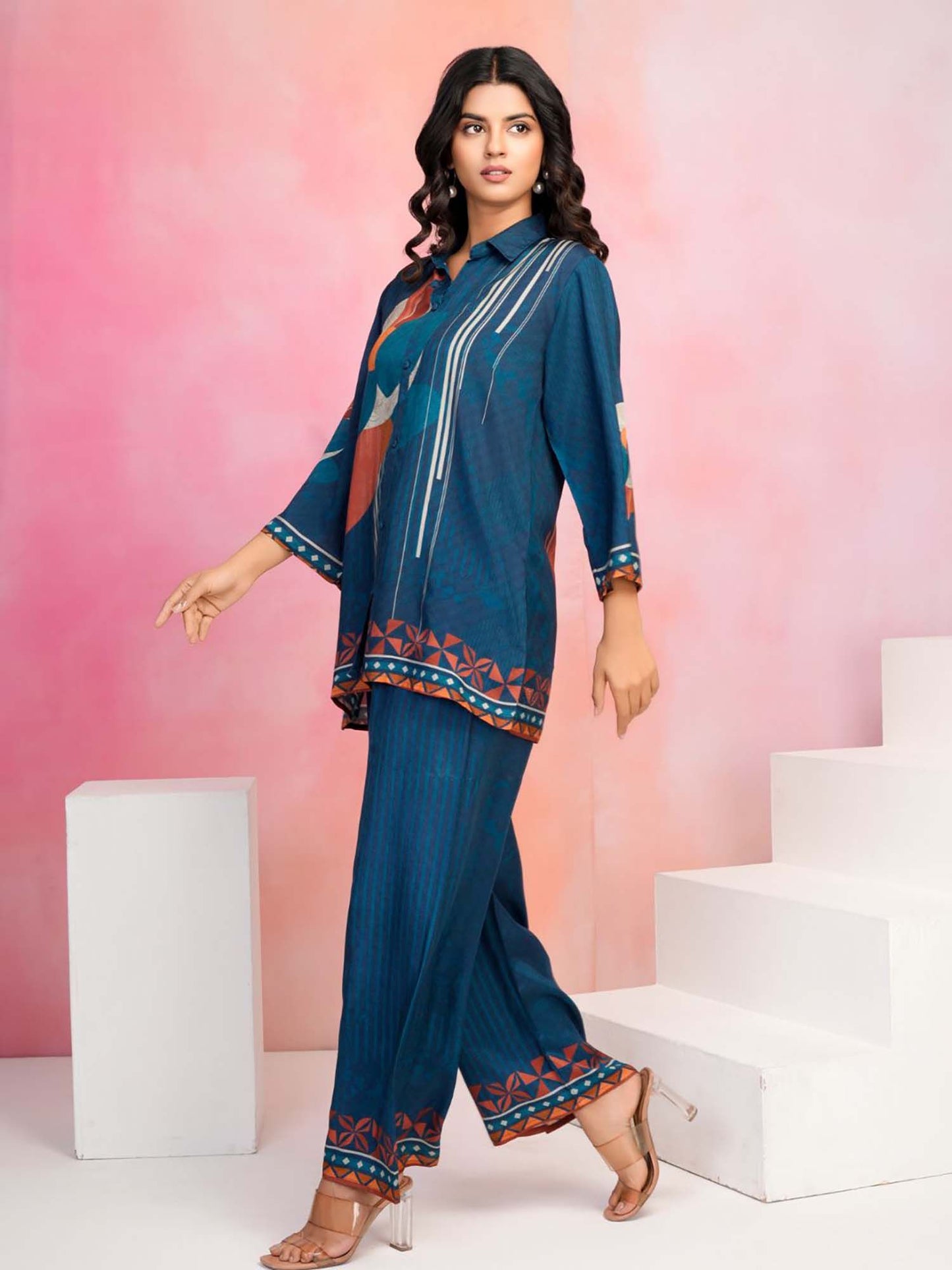 Women Navy Blue Cotton Blend Printed Co-Ord (Set of 2)