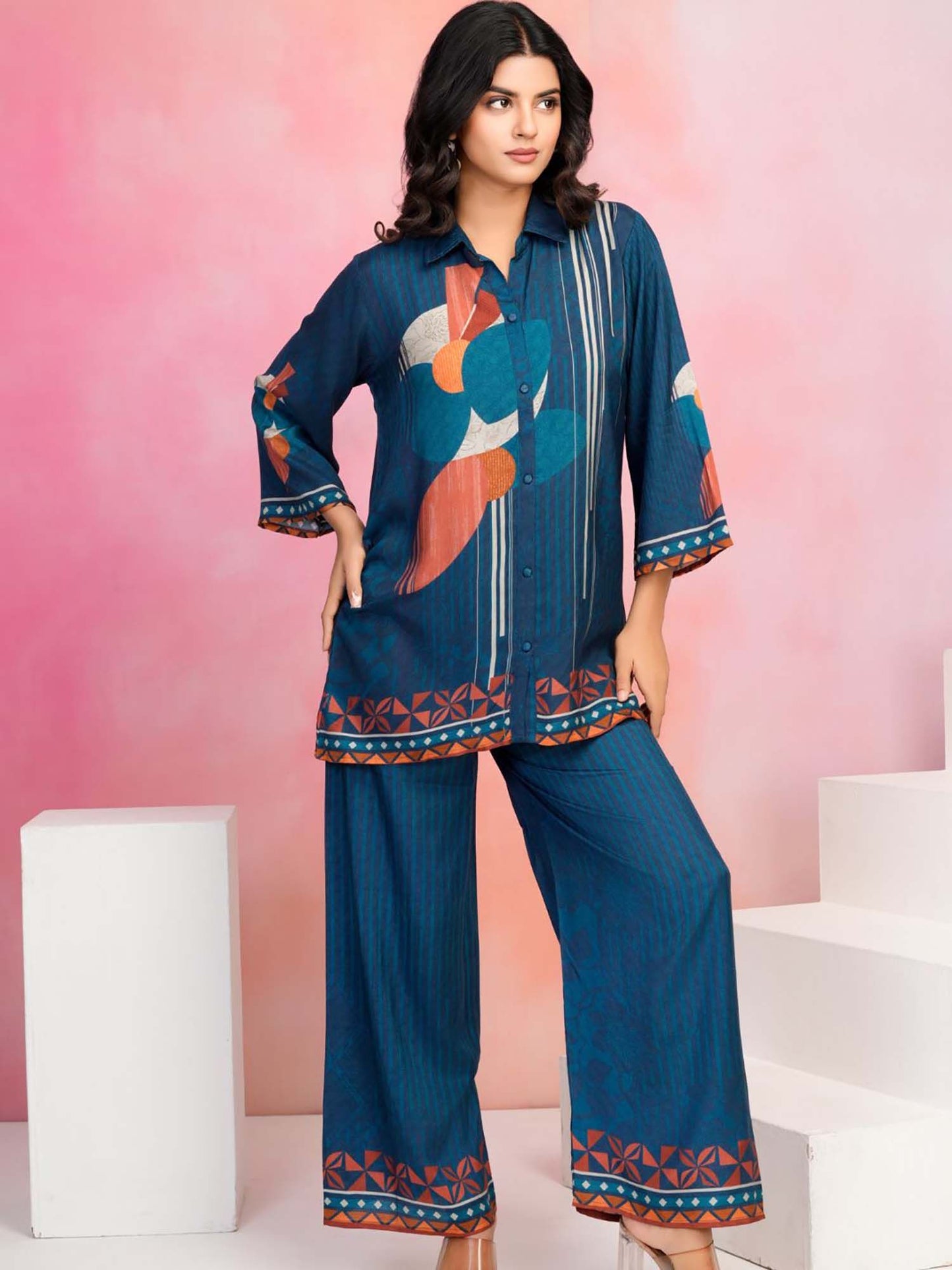 Women Navy Blue Cotton Blend Printed Co-Ord (Set of 2)