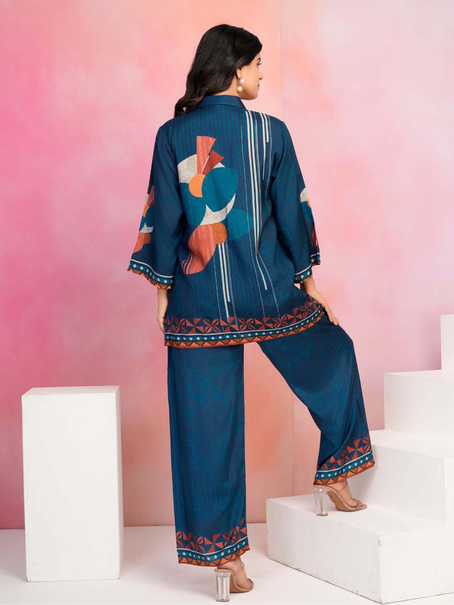 Women Navy Blue Cotton Blend Printed Co-Ord (Set of 2)