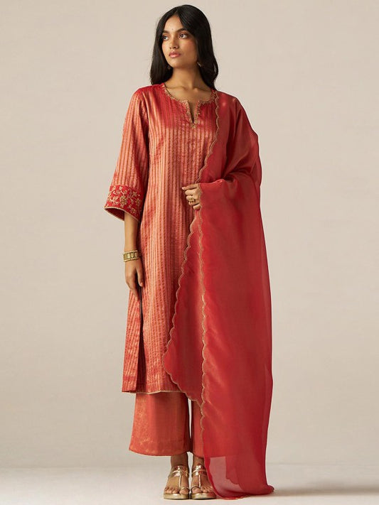 Ganga Striped Woven Design Notch Neck Tissue Straight Kurta