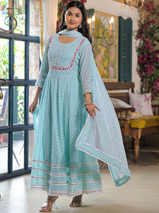 Aavanya Women Ethnic Motifs Panelled Mirror Work Pure Cotton Kurta with Pyjamas & With Dupatta