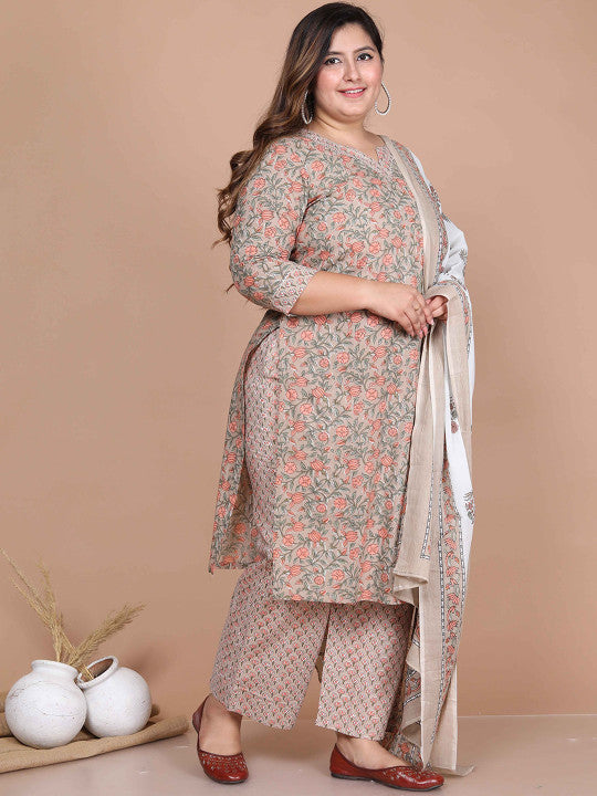 Floral Printed Pure Cotton Straight Kurta & Palazzos With Dupatta