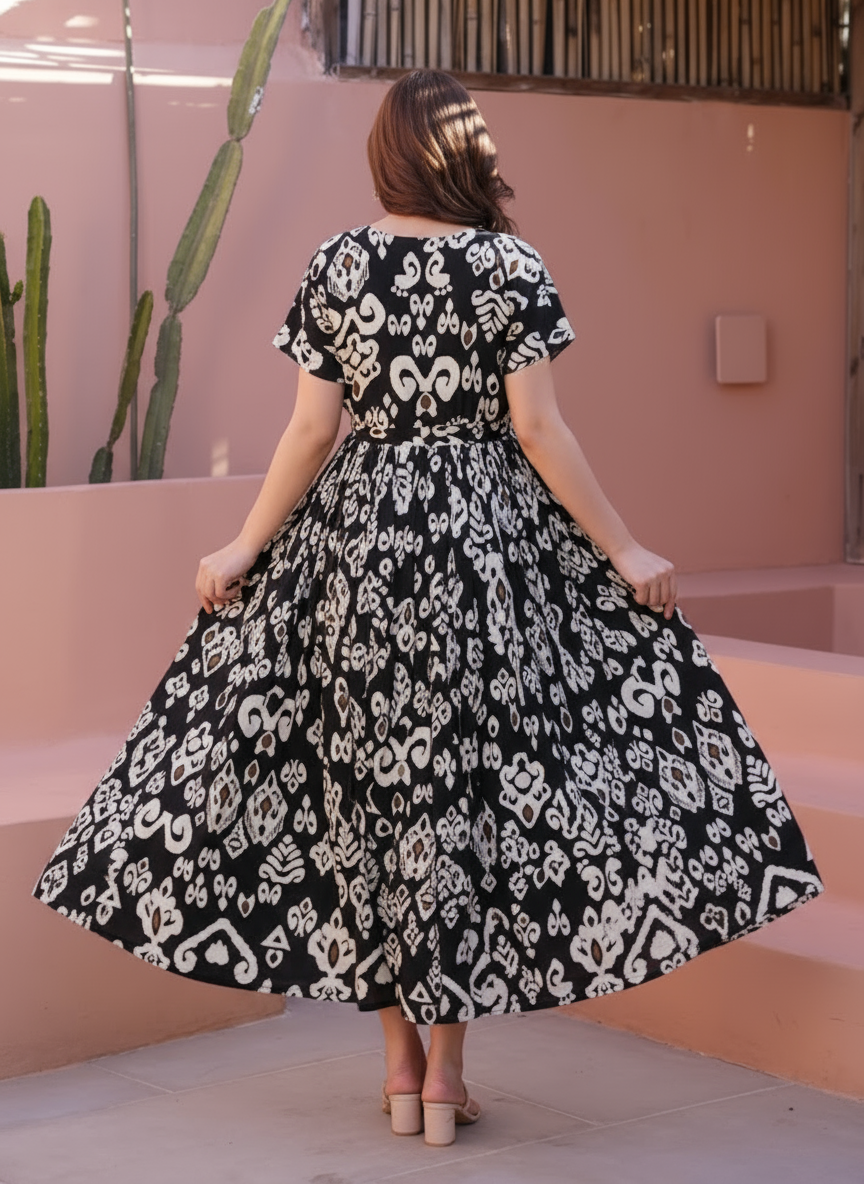 Viscose Floral Angrakha Black Dress