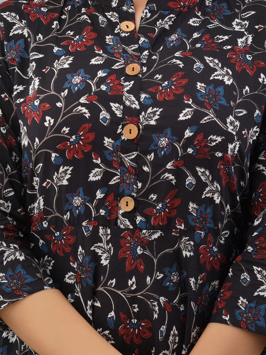 Floral Printed Pure Cotton Fit and Flare Ethnic Dress