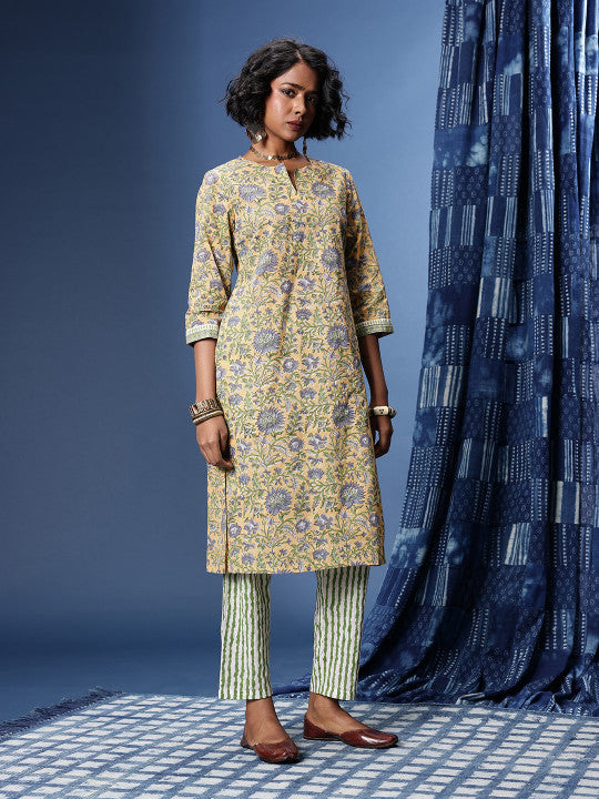 Taavi Bagru Floral Printed Pure Cotton Kurta with Trousers & Dupatta