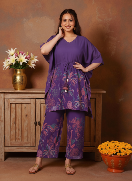 Soft Cotton Placement Print Kaftan Purple Kurta