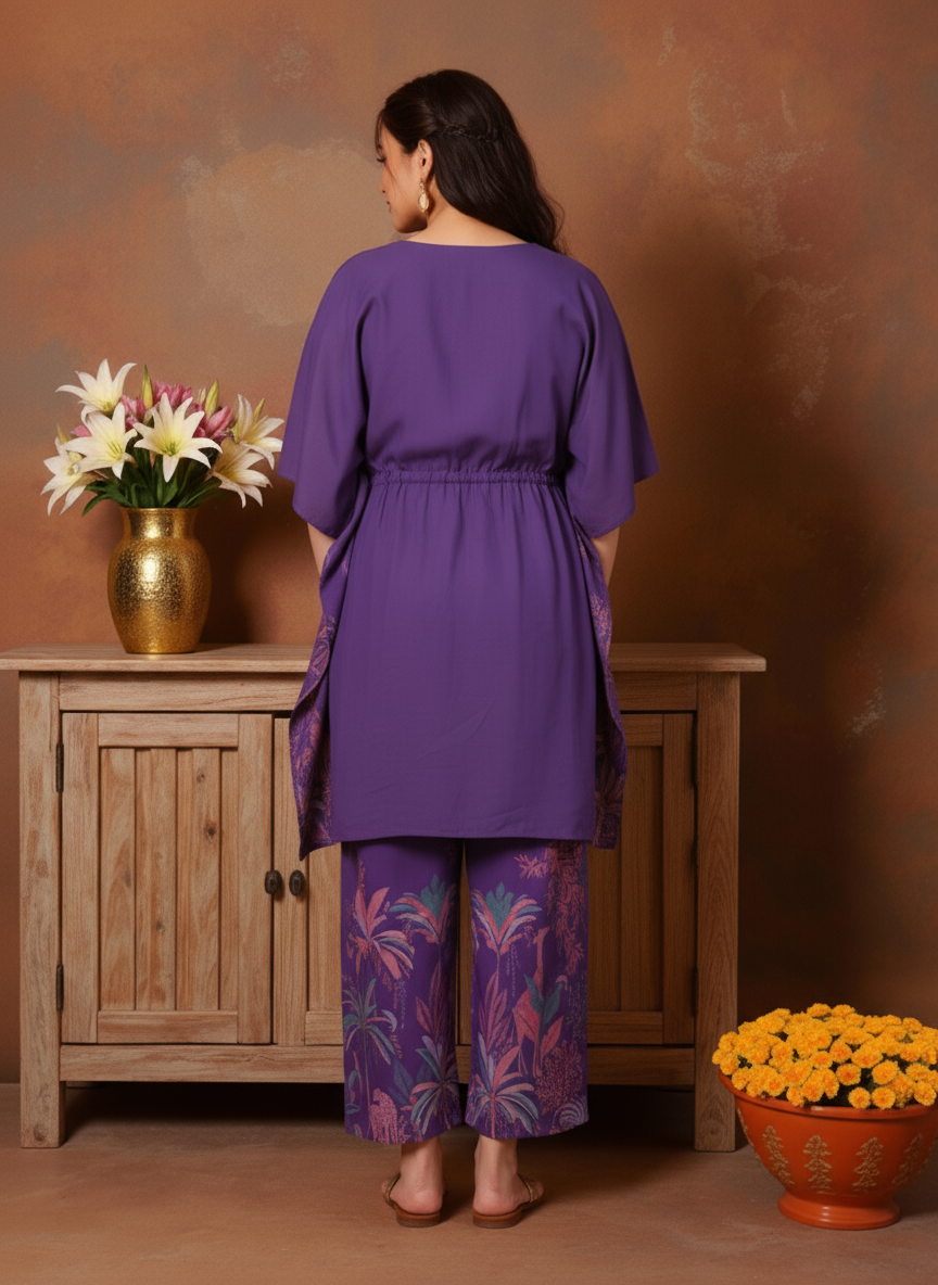 Soft Cotton Placement Print Kaftan Purple Kurta