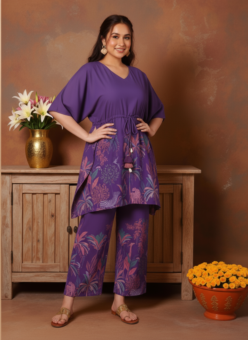 Soft Cotton Placement Print Kaftan Purple Kurta