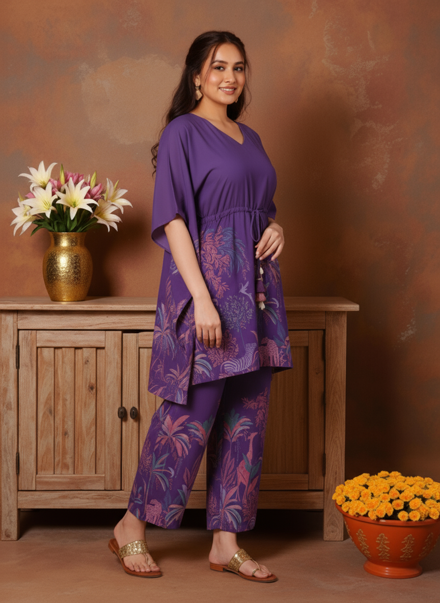 Soft Cotton Placement Print Kaftan Purple Kurta